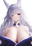  1girl absurdres an_yasuri animal_ear_fluff animal_ears azur_lane bangs banned_artist bare_shoulders bikini black_bikini blue_eyes breasts cleavage collarbone detached_collar eyebrows_visible_through_hair fox_ears grey_hair hair_ornament highres japanese_clothes kimono kimono_pull large_breasts long_hair looking_at_viewer one_eye_closed parted_lips shinano_(azur_lane) solo swimsuit upper_body very_long_hair 