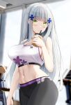  1girl black_pants blue_archive blush breasts bubble_tea cleavage commission cosplay crop_top cup disposable_cup drinking_straw eyebrows_visible_through_hair girls&#039;_frontline green_eyes grey_hair hair_ornament highres hk416_(girls&#039;_frontline) holding holding_cup keenh large_breasts long_hair looking_at_viewer navel pants solo sports_bra sumire_(blue_archive) sumire_(blue_archive)_(cosplay) sweatpants teardrop_facial_mark teardrop_tattoo x_hair_ornament 