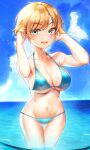  1girl absurdres animification apex_legends bikini blonde_hair blue_bikini blue_eyes blush breasts cleavage cloud collarbone eyebrows_visible_through_hair hands_in_hair highres horizon looking_to_the_side medium_breasts nitogebeto ocean open_mouth scar scar_on_cheek scar_on_face short_hair sky smile solo swimsuit wattson_(apex_legends) 