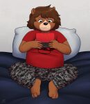 anthro barefoot bear bed bedroom brown_body brown_fur brown_hair caoimhe_lundin clothed clothing digital_media_(artwork) electronics feet female fur furniture game_console gaming green_eyes hair hi_res lying lying_on_bed mammal nintendo nintendo_3ds nintendo_ds_family nonbinary_(lore) on_bed pillow playing_video_game shirt solo t-shirt topwear trans_(lore) zeklullaby