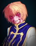  1boy androgynous black_background blonde_hair blue_tabard body_horror crying crying_with_eyes_open crystal_earrings earrings extra_eyes eyelashes fang highres hunter_x_hunter ik18166181ik jewelry kurapika red_eyes shirt single_earring tabard tears teeth twitter_username veins veins_around_eyes veiny_neck white_shirt 