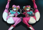  2girls android blue_eyes blue_sclera breast_suppress breasts cameltoe colored_sclera colored_skin copyright_request hands_up high_heels leg_up lying medium_breasts multiple_girls on_back parted_lips pochincoff presenting robot spread_legs twintails white_skin 