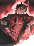  1boy absurdres arm_tattoo belt black_gloves black_jacket black_necktie black_pants bracelet braid brown_hair chinese_commentary collared_shirt commentary_request crossed_legs curled_horns curtained_hair demon_horns dominant_(ensemble_stars!) earrings ensemble_stars! fang fiery_background fire gloves green_eyes hair_between_eyes half_up_half_down_braid hand_tattoo highres horns jacket jacket_on_shoulders jewelry looking_to_the_side male_focus medium_hair mikejima_madara multiple_rings neck_tattoo necktie official_alternate_costume open_mouth pants red_background red_shirt ring sheesixp shirt single_glove sitting solo tattoo 