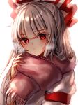  1girl bangs blush bow closed_mouth commentary_request eyebrows_visible_through_hair eyes_visible_through_hair fujiwara_no_mokou grey_bow grey_hair grey_shirt hair_between_eyes hair_bow hand_up highres juliet_sleeves long_hair long_sleeves looking_at_viewer multicolored_bow one-hour_drawing_challenge pink_scarf puffy_long_sleeves puffy_sleeves red_bow red_eyes scarf shirt simple_background solo steam touhou upper_body waramori_fuzuka white_background 