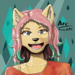  anthro arc_rose canid canine clothing digital_drawing_(artwork) digital_media_(artwork) dyed-hair ear_piercing ear_ring female grey_eyes hair jewelry looking_at_viewer mammal natascha_(arcrose) necklace open_mouth open_smile piercing pink_hair simple_background smile 