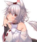animal_humanoid armwear bare_shoulders black_armwear black_bridal_gauntlets black_clothing blush bridal_gauntlets canid canid_humanoid canine canine_humanoid chest_wraps clothing cute_fangs detached_sleeves fangs female grey_hair hair hat headgear headwear hi_res humanoid inner_ear_fluff looking_at_viewer mammal mammal_humanoid masanaga_(tsukasa) momiji_inubashiri one_fang red_eyes shirt short_hair simple_background solo tail teeth tokin_hat topwear touhou tuft white_background white_clothing white_shirt white_topwear wolf_humanoid wraps