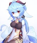  2022 absurd_res ahoge alternate_species anthro asian_clothing blue_body blue_fur blue_hair blush bovid breasts caprine chinese_clothing clothed clothing cowbell devil-vox east_asian_clothing female fur furrification ganyu_(genshin_impact) genshin_impact goat hair hi_res horn kemono mammal purple_eyes solo video_games 