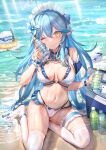  1girl ;) ahoge bangs bare_shoulders beach bikini blue_bow blue_bowtie blue_hair blue_nails blush bottle bottle_to_cheek bow bowtie breasts breasts_apart cooler daifuku_(yukihana_lamy) day detached_collar elf eyebrows_visible_through_hair flower full_body hair_between_eyes hair_flower hair_ornament heart heart_ahoge holding holding_bottle hololive innertube large_breasts leg_garter long_hair looking_at_viewer maid_headdress multi-strapped_bikini multicolored_hair nail_polish navel no_shoes one_eye_closed outdoors pointy_ears qian_wu_atai short_sleeves simple_background smile solo stomach streaked_hair swimsuit thighhighs very_long_hair virtual_youtuber water water_bottle wet white_bikini white_flower white_legwear wrist_cuffs yellow_eyes yukihana_lamy yukimin_(yukihana_lamy) 