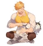  1boy animal apron bangs bara blonde_hair blush boots brown_pants cat closed_eyes comb combing ewiyar_(granblue_fantasy) granblue_fantasy higashigunkan holding holding_comb indian_style large_pectorals male_focus muscular muscular_male open_mouth pants pectorals shirt sitting sleeves_rolled_up smile vane_(granblue_fantasy) white_shirt yellow_apron 