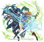  2girls armor arrow_(projectile) attack black_gloves blue_dress blue_eyes blue_gloves blue_hair blue_tunic boots bow_(weapon) breasts cape cuboon dress earrings fighting_stance fingerless_gloves fire_emblem fire_emblem:_the_blazing_blade fire_emblem_awakening fire_emblem_heroes gloves green_eyes green_hair hair_between_eyes high_ponytail holding holding_bow_(weapon) holding_polearm holding_weapon jewelry lance large_breasts long_hair lucina_(fire_emblem) lucina_(glitters_of_hope)_(fire_emblem) lyn_(fire_emblem) lyn_(glitters_of_hope)_(fire_emblem) medium_breasts multiple_girls official_art open_mouth pants pelvic_curtain polearm ponytail quiver red_cape side_slit simple_background tiara tunic very_long_hair weapon white_background 