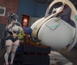  2girls 3d alternate_breast_size_(larger) belle_(zenless_zone_zero) black_hair blender_(medium) blue_hair braid breast_press breasts couch decodec dialyn_(zenless_zone_zero) giant giantess hair_extensions highres huge_breasts indoors long_hair multicolored_hair multiple_girls portal_(object) shoes short_hair sitting split-color_hair standing thick_thighs thighhighs thighs through_portal white_hair white_thighhighs zenless_zone_zero 