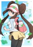  1girl absurdres arched_back ayakadegozans blurry border bow breasts bright_pupils brown_hair cloud commentary_request day double_bun falling_leaves green_eyes highres leaf leaning_forward legwear_under_shorts long_hair looking_to_the_side outdoors pantyhose pink_bow pokemon pokemon_(game) pokemon_bw2 raglan_sleeves rosa_(pokemon) short_shorts shorts sky solo twintails visor_cap white_border white_pupils yellow_shorts 