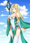  1girl bare_shoulders blonde_hair blue_eyes breasts cleavage closed_mouth cloud elf highres holding holding_staff long_hair looking_at_viewer matrix16 original pointy_ears solo staff standing thighs tiara white_legwear 