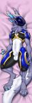  absurd_res anthro bed_sheet bedding blue_body hi_res lying machine male protogen raeal_(character) raeal_the_protogen simple_background solo unknown_artist watermark white_blanket 
