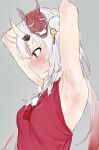  1girl absurdres armpits blush hannya highres hololive horns long_hair mask multicolored_hair nakiri_ayame oni oni_horns presenting_armpit profile red_eyes red_hair simple_background sleeveless solo sweat upper_body uria123456789 virtual_youtuber white_hair 