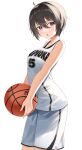  1girl ahoge ball bangs bare_arms bare_shoulders basketball basketball_jersey black_hair breasts eyebrows_visible_through_hair hair_between_eyes highres holding holding_ball looking_at_viewer medium_breasts original parted_lips purple_eyes short_hair shorts simple_background solo tapioka_(oekakitapioka) white_background white_shorts 