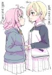  2girls ahoge arrow_(symbol) black_sleeves blonde_hair blue_jacket blunt_bangs character_age collared_shirt commentary dress_shirt green_ribbon grey_eyes height height_difference highres holding_hands hood hood_down hooded_jacket jacket kishimen_hair letterman_jacket long_sleeves love_live! love_live!_nijigasaki_high_school_idol_club medium_hair mia_taylor miniskirt multiple_girls neck_ribbon nijigasaki_school_uniform open_clothes open_jacket pink_hair pleated_skirt ribbon school_uniform shirt short_hair sidelocks simple_background skirt solllolll tennoji_rina translation_request white_background white_jacket white_shirt white_skirt winter_uniform yellow_eyes yellow_ribbon 