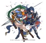  2girls armor arrow_(projectile) battle_damage black_gloves blue_dress blue_eyes blue_gloves blue_hair blue_tunic boots bow_(weapon) breasts cape cuboon dress earrings fingerless_gloves fire_emblem fire_emblem:_the_blazing_blade fire_emblem_awakening fire_emblem_heroes gloves green_eyes green_hair hair_between_eyes high_ponytail holding holding_arrow holding_bow_(weapon) holding_polearm holding_shield holding_weapon jewelry lance large_breasts long_hair looking_at_viewer lucina_(fire_emblem) lucina_(glitters_of_hope)_(fire_emblem) lyn_(fire_emblem) lyn_(glitters_of_hope)_(fire_emblem) medium_breasts multiple_girls official_art pants parted_lips pelvic_curtain polearm ponytail quiver red_cape shield side_slit simple_background smile tiara torn_clothes tunic very_long_hair weapon white_background 
