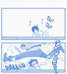  1boy 1girl ahoge blue_theme closed_mouth collared_shirt flying_paper monochrome musical_note necktie original pants paper running shirt shoes short_hair sound_effects studionice2011 white_background 
