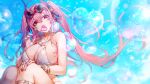  1girl bangs bikini blue_sky bracelet breasts bubble bubble_blowing clam_shell cloud destiny_child fingernails grilla_(destiny_child) hair_ornament heart highres horns jewelry large_breasts long_fingernails necklace open_mouth pink_hair red_eyes red_nails ring sky squatting sunglasses swimsuit thighs yurikayuri 