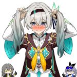  3girls akatsuki4612 black_hairband blush bunching_hair chibi drill_hair drill_ponytail eyewear_on_head firefly_(honkai:_star_rail) grey_eyes grey_hair hairband highres honkai:_star_rail honkai_(series) jitome long_hair multiple_girls silver_wolf_(honkai:_star_rail) stelle_(honkai:_star_rail) sunglasses sweat thumbs_up trailblazer_(honkai:_star_rail) twintails wavy_mouth white_background yellow_eyes 