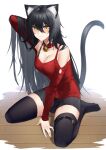  1girl animal_ear_fluff animal_ears arm_up bangs bare_shoulders bell black_hair black_legwear black_skirt breasts cat_ears cat_girl cat_tail cleavage closed_mouth collar commentary_request eyebrows_visible_through_hair hair_between_eyes hand_in_own_hair highres jingle_bell large_breasts long_hair looking_at_viewer miniskirt neck_bell no_shoes on_floor original red_sweater simple_background skirt smile solo sweater tail thigh_strap thighhighs very_long_hair white_background wooden_floor yellow_eyes yorugami_rei zettai_ryouiki 
