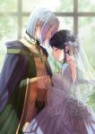  1boy 1girl absurdres black_hair blue_cape blurry blurry_background bridal_veil cape closed_eyes closed_mouth couple day dress eyebrows_visible_through_hair flower grey_dress grey_flower hair_flower hair_ornament head_wreath hetero highres holding_hands honzuki_no_gekokujou indoors long_sleeves maine_(honzuki_no_gekokujou) profile shiny shiny_hair smile standing veil wedding_dress white_hair yumeha_tseru 