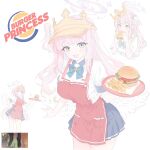  1girl alternate_hairstyle baseball_cap blue_archive blue_bow blue_bowtie bow bowtie brand_name_imitation burger burger_king burger_king_crown burger_king_foot_lettuce_(meme) eating employee_uniform fast_food fast_food_uniform food french_fries halo hat highres long_hair makotan_art meme mika_(blue_archive) multiple_views parody pink_hair pink_halo plate skirt smile waitress 