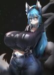  anthro belly big_breasts blue_eyes blue_hair blush bottomwear breasts canid canine canis clothed clothing collar denim denim_clothing domestic_dog female hair hanul hi_res huge_breasts jeans long_hair mammal museuk pants shirt smile solo stretching tagme topwear 