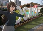  1girl :d black_jacket bow breasts brown_hair collared_shirt commentary cowboy_shot hair_bow half_updo highres jacket long_hair long_sleeves looking_at_viewer love_live! love_live!_nijigasaki_high_school_idol_club medium_breasts miniskirt name_connection nijigasaki_school_uniform open_mouth osaka_(city) osaka_shizuku outstretched_arms photo_background plaid_clothes plaid_skirt pleated_skirt red_bow school_uniform shirt skirt smile solo spread_arms standing tata_(tataice) teeth upper_teeth_only white_shirt white_skirt 
