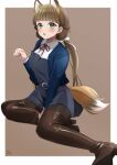  1girl :o animal_ears bangs black_legwear blue_jacket blunt_bangs blush boots border bow braid brown_background brown_footwear brown_hair collared_shirt commentary dress eyebrows_visible_through_hair fox_ears fox_tail french_braid green_eyes grey_dress hair_bow hand_up highres jacket kemonomimi_mode long_hair looking_at_viewer love_live! love_live!_superstar!! low_twintails open_mouth outside_border paw_pose pinafore_dress pukonuu sakurakouji_kinako school_uniform shirt short_dress shrug_(clothing) signature simple_background sitting solo string_tie tail thigh_boots thighhighs twintails white_border white_bow white_shirt winter_uniform yokozuwari yuigaoka_school_uniform 