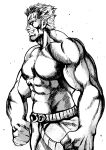  1boy abs bara cheekbones clenched_hands clenched_teeth greyscale highres hokuto_no_ken kurihara_kenshirou large_pectorals male_focus monochrome muscular muscular_male pectorals profile raoh_(hokuto_no_ken) short_hair solo standing teeth topless_male white_background 