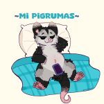 1:1 2025 3_fingers 4_toes american_opossum artistic_dot bed bedding belly belly_markings big_pillow black_body black_ears black_fur black_markings black_tail black_tuft blanket blue_bedding blue_blanket casual_nudity cellphone claws closed_smile colored_sketch constructed_language convenient_censorship countershading curved_tail digital_drawing_(artwork) digital_media_(artwork) dipstick_ears dipstick_tail ear_markings electronics esperanto_text exposed_teeth eye_markings eyebrows_(marking) eyes_closed facial_markings feet female female_feral feral finger_claws fingers front_view full-length_portrait fur fur_markings furniture grey_body grey_ears grey_fur grey_thighs guard_hair hand_behind_head hand_on_belly head_markings head_on_pillow hi_res hybrid kali_denise lying lying_on_bed mammal markings marsupial membrane_(anatomy) monotone_markings mouth_closed multicolored_body multicolored_ears multicolored_fur navel_pouch nude on_bed on_blanket onomatopoeia pawpads paws phone pillow pink_ears pink_feet pink_hands pink_nose pink_pawpads pink_paws pink_tail plaid_blanket plantigrade portrait pouch_(anatomy) rat_tail relaxed_expression relaxing scratching_belly scratching_self semi-anthro signature simple_background sketch slightly_chubby smile solo sound_effects spread_legs spreading tail tail_markings teeth text thick_thighs toes tuft two_tone_tail virginia_opossum water_opossum webbed_feet whiskers whiskers_spots white-eared_opossum white_background white_body white_claws white_fur wide_hips