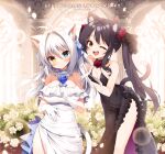  2girls ;d aina_rive animal_ear_fluff animal_ears anniversary bare_arms bare_shoulders black_bow black_dress black_hair blue_bow blue_eyes blue_flower blue_rose blush bow breasts cat_ears cat_girl cat_tail cleavage closed_mouth commentary dress english_commentary flower frilled_dress frills gloves hair_bow hair_flower hair_ornament hand_up heterochromia long_hair mauve medium_breasts multiple_girls off-shoulder_dress off_shoulder one_eye_closed original red_eyes red_flower rose sleeveless sleeveless_dress smile standing tail twintails very_long_hair white_dress white_flower white_gloves white_hair yellow_eyes 
