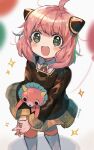  1girl anya_(spy_x_family) bad_link balloon blurry blurry_background child doll_hug hair_cones highres horn_ornament horns object_hug open_mouth pink_hair smile solo sparkle sparkling_eyes spy_x_family umibatari v_arms 