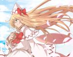  1girl bangs blonde_hair blue_sky bow bowtie capelet closed_mouth cloud cloudy_sky commentary_request day dress fairy fairy_wings green_eyes hat hat_bow highres lily_white long_hair long_sleeves outdoors petals pointy_hat red_bow red_bowtie s_mika2000 sky smile solo touhou upper_body very_long_hair white_capelet white_dress white_headwear wide_sleeves wings 