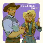  1boy 1girl artist_logo belt blonde_hair border braid breast_pocket brown_belt brown_pants brown_vest closed_mouth collared_dress collared_shirt cowboy_hat cowboy_shot curled_fingers denim_dress dress dungeon_meshi elf english_commentary floral_print fringe_trim green_eyes grey_shirt hand_on_own_hip hat highres laios_touden logo long_sleeves looking_at_viewer marcille_donato neckerchief open_clothes open_mouth open_vest outside_border pants parody pocket pointy_ears purple_background raised_eyebrow red_neckerchief shirt short_hair side_part skcd_loen sketch sleeves_rolled_up smile teeth thumbs_up title_parody twin_braids two-tone_shirt upper_teeth_only vest white_border white_hat white_shirt yellow_eyes 