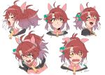  1girl ahoge animal_ears black_shrug blush brown_eyes brown_hair checkered_ribbon dantsu_flame_(center_spotlight)_(umamusume) dantsu_flame_(umamusume) ear_covers ear_ornament ear_ribbon hair_between_eyes highres horse_ears horse_girl mergeritter multicolored_hair occhahoi open_mouth shrug_(clothing) simple_background smile umamusume white_background white_hair 
