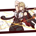  1girl apakan arm_behind_head arm_strap arm_up bare_shoulders black_coat black_pants blonde_hair breasts character_name chest_harness closed_mouth coat coat_on_shoulders commentary_request cowboy_shot elbow_gloves evelyn_chevalier fire gloves half_gloves harness high-waist_pants highres large_breasts latex_pants long_ribbon looking_at_another necktie pants purple_eyes ring_hair_ornament see-through_clothes shirt single_elbow_glove single_half_glove sleeveless sleeveless_shirt solo thread tight_clothes tight_pants white_background white_shirt yellow_necktie zenless_zone_zero 