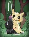  absurd_res balls big_penis blush bodily_fluids cum cum_on_body ejaculation eyes_closed feral forest forest_background generation_7_pokemon genital_fluids genitals hi_res male masturbation mimikyu mr_fuwa nature nature_background nintendo penis plant pokemon pokemon_(species) solo tree 