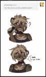  2017 anthro breasts clothed clothing collar comic digital_media_(artwork) disappointed ear_piercing english_text f-r95 falla_(f-r95) fangs felid female fur hair machairodontine mammal open_mouth piercing purple_eyes razor sabertooth_(anatomy) shaving simple_background solo text tools 