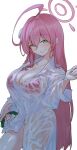  1girl ahoge bikini bikini_under_clothes bikini_visible_through_clothes blue_archive blush bottomless braid breasts closed_mouth commentary_request cowboy_shot dress_shirt green_eyes halo hanako_(blue_archive) hanako_(swimsuit)_(blue_archive) highres holding holding_hose hose huge_ahoge large_breasts long_hair looking_at_viewer nuup_pasta official_alternate_costume oversized_clothes oversized_shirt partially_unbuttoned pink_bikini pink_hair pink_halo see-through_clothes see-through_shirt shirt side_braid simple_background single_braid smile solo swimsuit very_long_hair wet wet_clothes wet_shirt white_background white_shirt 