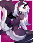  anthro areola biped black_clothing black_collar black_legwear black_thigh_highs breasts butt canid canine canis clothing collar digital_media_(artwork) eyelashes female grey_eyes grey_hair hair helluva_boss hi_res horn latex_thigh_highs legwear long_hair looking_at_viewer looking_back looking_back_at_viewer loona_(helluva_boss) mammal nipples notched_ear pink_areola pink_nipples rear_view red_sclera shaded solo spiked_collar spikes tealsick thigh_highs wings wolf 