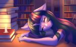  2022 anthro book breasts candle clothing equid equine eyebrows eyelashes eyes_closed female friendship_is_magic fur hair hellcat120 horn inside library long_hair magnifying_glass mammal my_little_pony pencil_(object) purple_body purple_fur shirt sleeping solo topwear twilight_sparkle_(mlp) unicorn 
