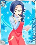  1girl apron black-framed_eyewear blue_background blue_hair blue_shirt card_(medium) character_name closed_eyes girlfriend_(kari) glasses hair_ornament hair_scrunchie holding holding_paper holding_pen low_side_ponytail mizuno_fuka multicolored_apron multicolored_scrunchie official_art paper pen qp:flapper red_apron red_eyes red_scrunchie scrunchie shirt smile solo standing watch wristwatch 
