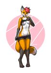  2022 anthro biped black_body black_fur blue_eyes bottomwear bottomwear_down breasts canid canine claws clothed clothing clothing_lift digital_media_(artwork) digitigrade dipstick_tail female fox foxovh fur gloves_(marking) hair hi_res looking_at_viewer mammal markings nipples orange_body orange_fur pants pants_down partially_clothed paws pink_background red_hair shirt shirt_lift signature simple_background solo standing tail_markings toe_claws topwear white_background white_body white_fur 