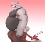  2022 5_fingers anthro assisted_exposure biceps blush bottomwear bulge butt canid canine clothing duo emanata eyebrows fingers fur mammal monotone_clothing monotone_shirt monotone_topwear nullraihigi polar_bear red_body red_ears red_fur shirt side_view sleeping sleeveless_shirt sound_effects teeth tongue topwear ursid ursine zzz 