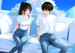  1boy 1girl alternate_costume alternate_hairstyle arm_support artist_logo artist_name bangs black_hair breasts brown_hair chitanda_eru cloud collarbone couch day denim eyebrows_visible_through_hair green_eyes highres hyouka jeans large_breasts long_hair looking_at_another mery_(yangmalgage) oreki_houtarou outdoors pants parted_lips ponytail shirt shirt_tucked_in short_hair short_sleeves sitting white_shirt 
