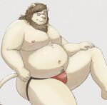  2022 anthro belly big_belly bulge clothing eyewear felid glasses hi_res humanoid_hands jockstrap kemono lion male mammal maron2475 moobs navel nipples overweight overweight_male pantherine red_jockstrap simple_background sitting solo underwear 