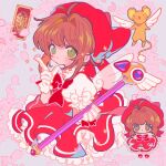  1girl angel_wings antenna_hair beret blue_background bow bowtie brown_hair cardcaptor_sakura cartoon_wings chibi closed_mouth clow_card collared_shirt cropped_legs determined dot_nose dress eyelashes ferret floral_background frilled_shirt_collar frilled_sleeves frills gloves green_eyes hair_intakes hashtag-only_commentary hat hat_bow hexagram highres holding holding_wand kero_(cardcaptor_sakura) kinomoto_sakura kinomoto_sakura_(magician) large_bow light_blush light_smile magical_girl mary_janes medium_dress multiple_views pantyhose petals petticoat pinafore_dress puffy_short_sleeves puffy_sleeves red_bow red_bowtie red_dress red_hat red_ribbon red_shoes reed ribbon shirt shoes short_dress short_hair_with_long_locks short_sleeves sidelocks sleeve_bow sleeveless sleeveless_dress tareme transparent_wings wand white_bow white_gloves white_pantyhose white_shirt white_wings winged_animal winged_wand wings wrist_ribbon 